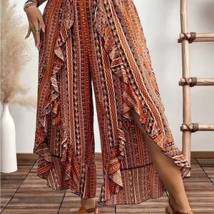 Bohemian Orange Patterned Ruffle Leg Pants.